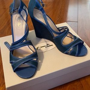 SJP Two toned blue cork wedge heels